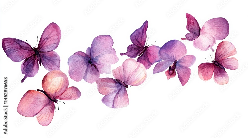 Obraz premium Delicate Swarm of Pink and Purple Butterflies in a Watercolor Flourish on a Pristine White Canvas