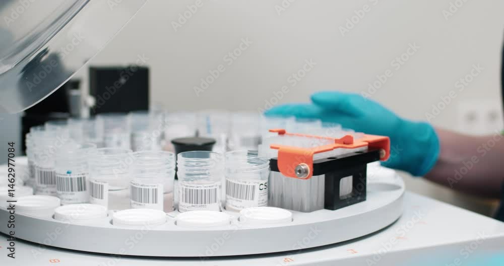 The laboratory technician prepares the analyzer to perform blood diagnostics. Concept of medicine and science. The laboratory technician prepares the analyzer to perform blood diagnostics. Concept of medicine and science.