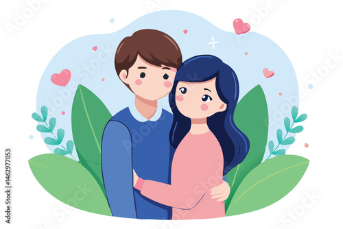 A charming couple embraces warmly surrounded by lovely green foliage and floating pink hearts