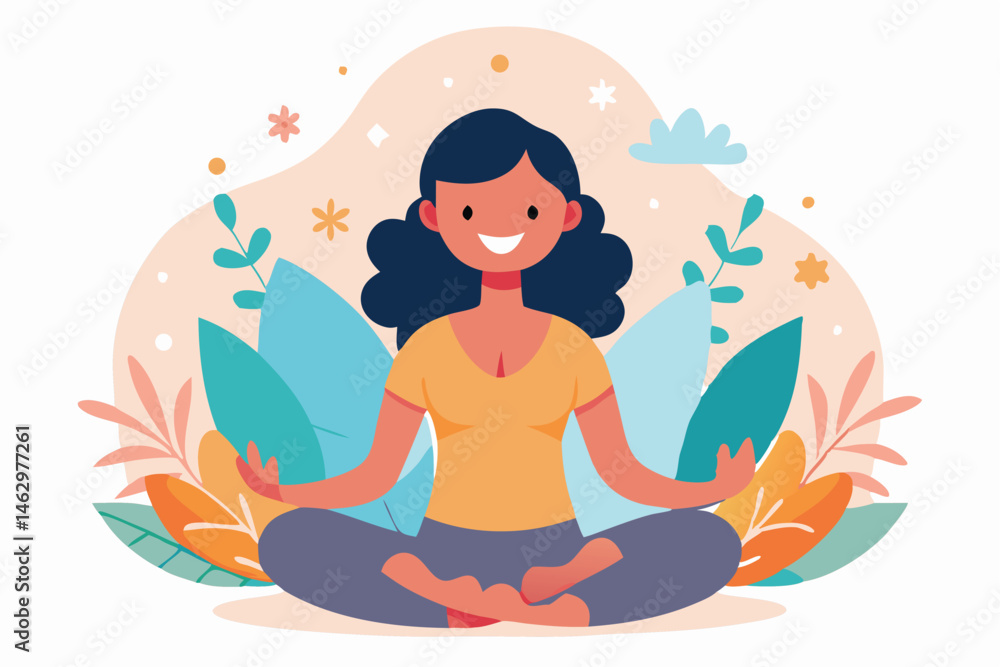 Smiling woman with dark hair practices lotus yoga position amidst stylized flora Smiling woman with dark hair practices lotus yoga position amidst stylized flora