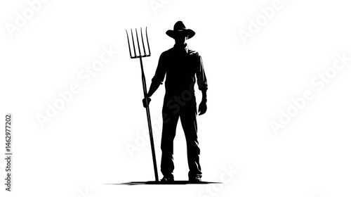 Farmer with pitchfork silhouette vector isolated on white background  -  