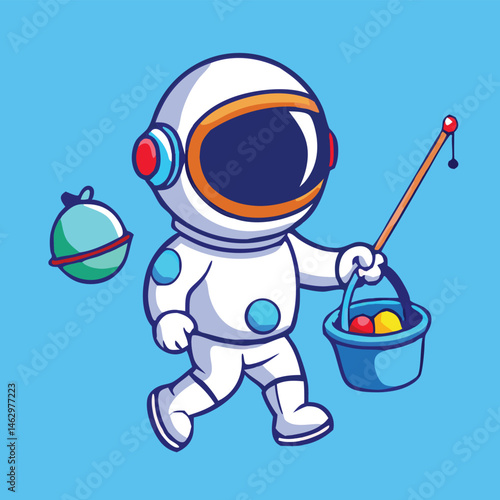 Astronaut is cheerfully going on an Easter egg hunt in space with a cosmic bucket