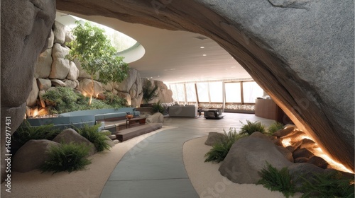 Modern suite with indoor rock garden and curved arch  