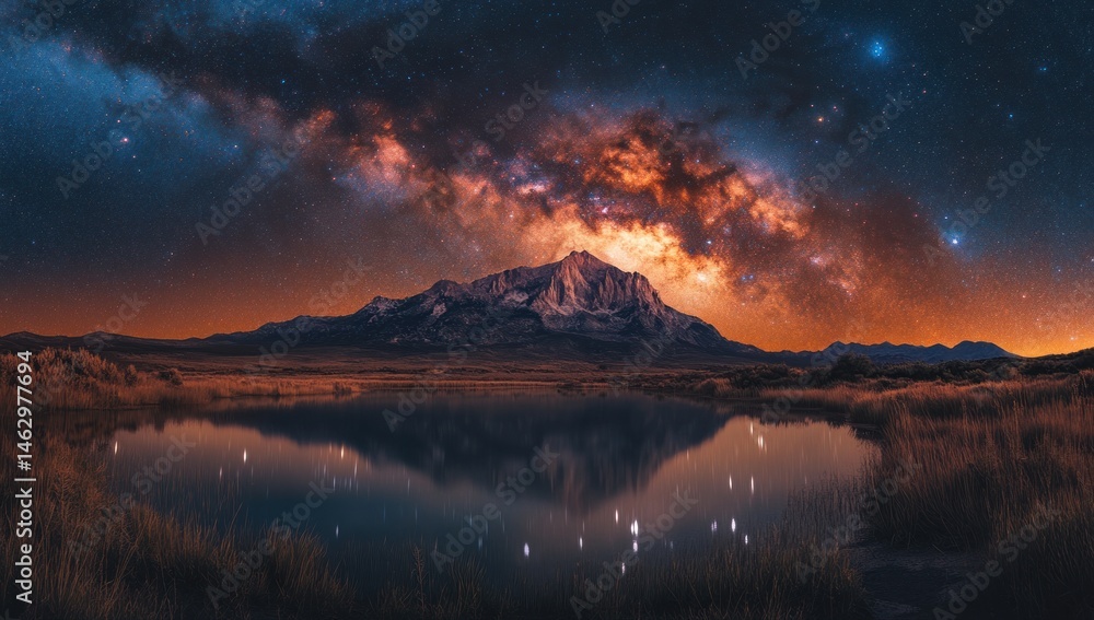 Fototapeta premium Mountain lake Milky Way reflection night sky landscape