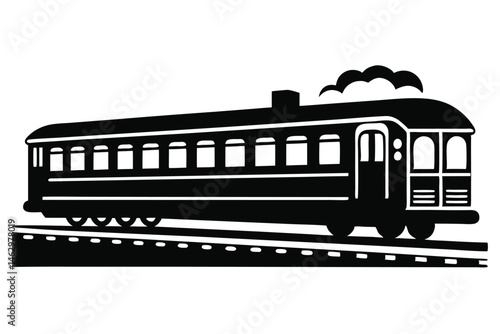 A vintage train emits smoke as it travels on a dotted track in black