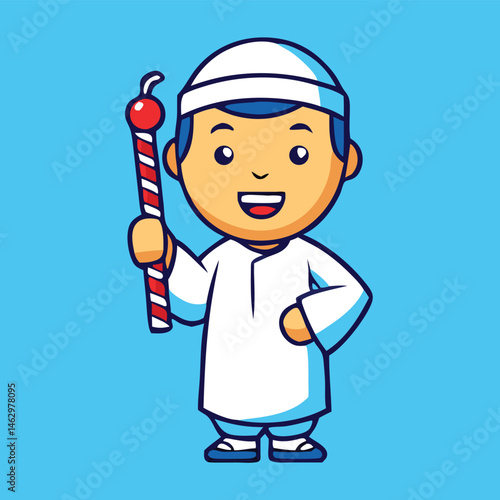 Cheerful muslim boy dressed in white raises high a colorful candy stick cheerfully
