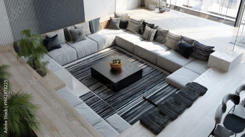 Modern sunken couch layout with custom rugs  