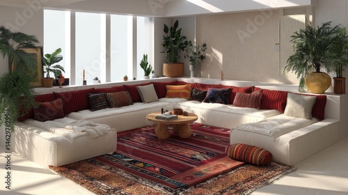Modern sunken couch layout with custom rugs  
