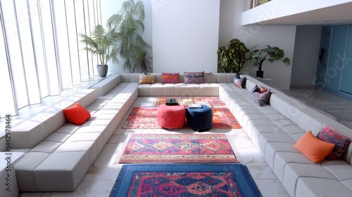Modern sunken couch layout with custom rugs  