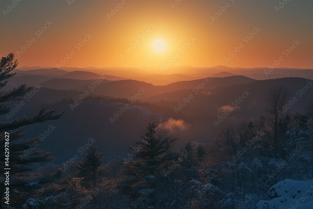 Obraz premium Serene Sunset Over Blue Ridge: A Beautiful Evening View of Sunbeams Casting Rays Behind Cowee Mountain
