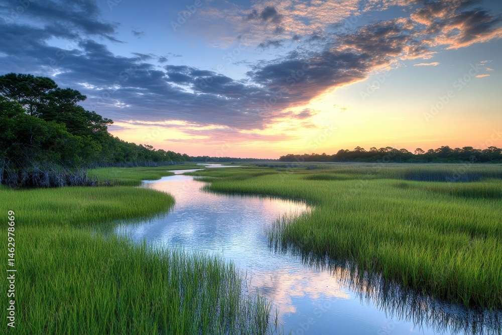 Obraz premium Serene Sunset Over Matanzas River: A Tranquil Marsh Landscape in St. Augustine, Florida