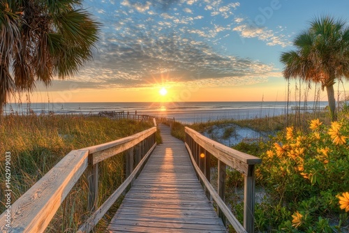 Serene Board Walk at Dawn: Peaceful Stroll Along Goulds Inlet, East Beach, St Simons Island, GA