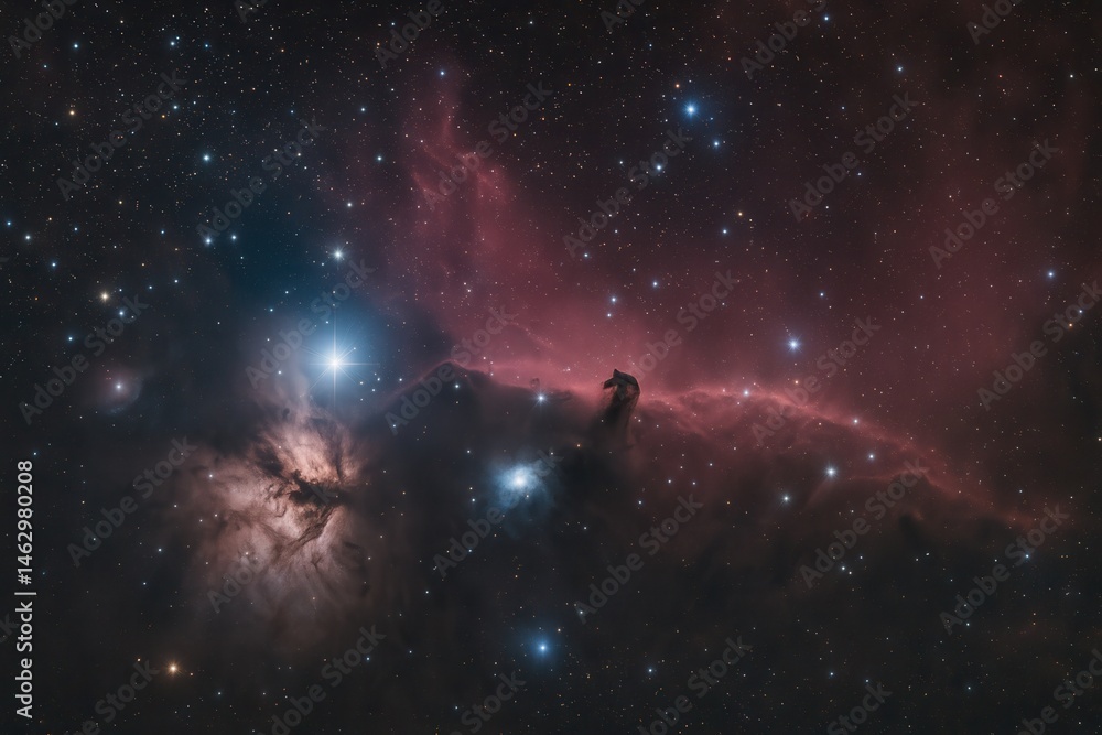 Horsehead Nebula emerging from colorful nebula and shining stars