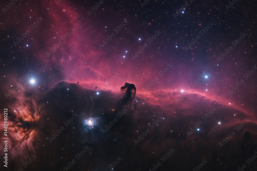 Horsehead Nebula emerging from interstellar dust clouds and glowing stars