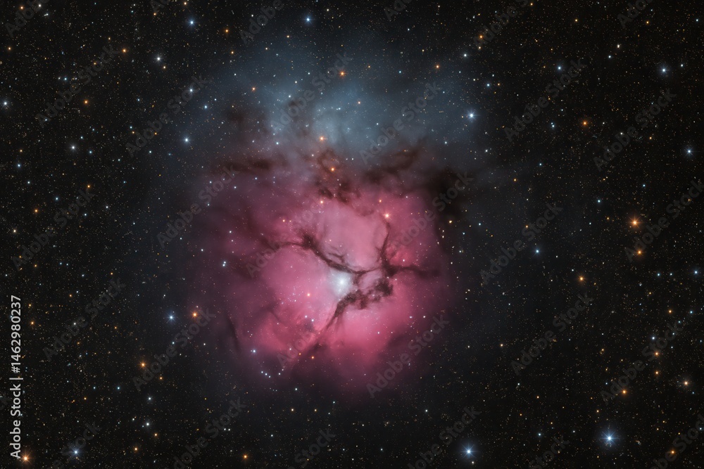 Trifid Nebula emitting pink and blue light in the vastness of space