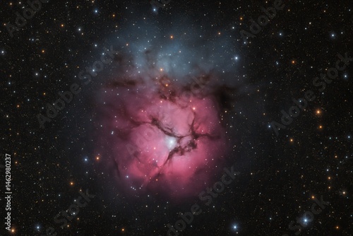 Obraz na płótnie Trifid Nebula emitting pink and blue light in the vastness of space w salonie