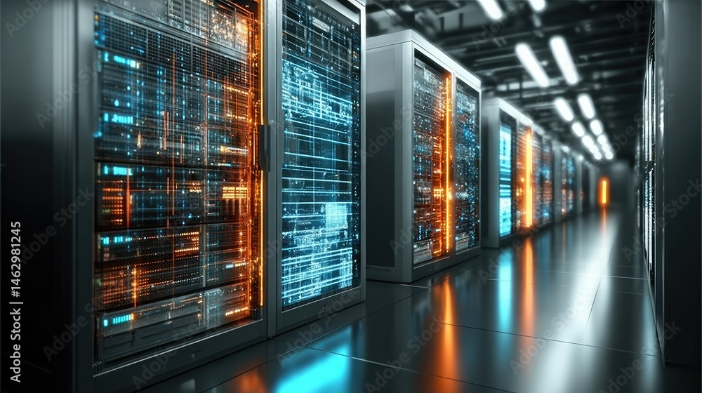 A modern data center filled with server racks illuminated by vibrant lights. A modern data center filled with server racks illuminated by vibrant lights.