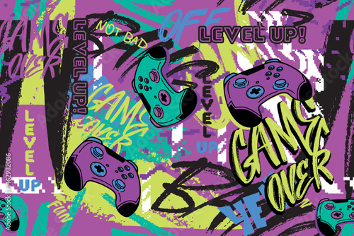 Seamless graffiti pattern with street art style background, lettering, game pads elements. Graffiti handwritten pattern design vector. Gaming print.