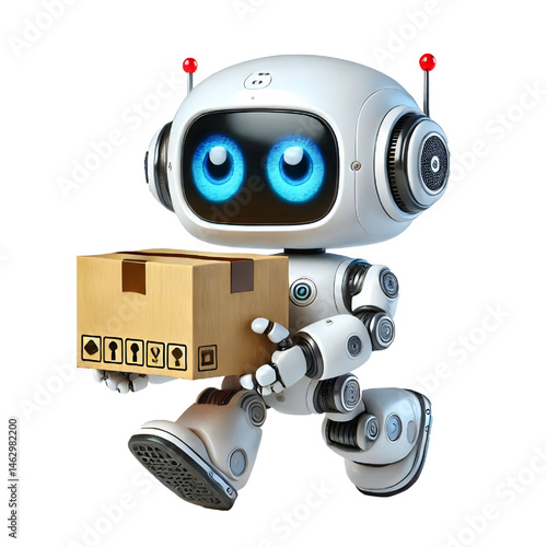 Cute 3D robot carrying a box isolated on white background