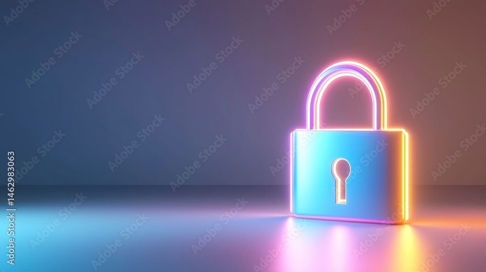 Glowing Neon Padlock Protecting Digital Data Security and Privacy