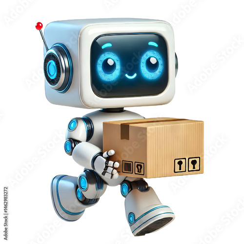 Cute 3D robot carrying a box isolated on white background
