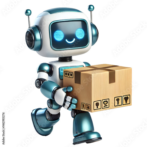 Cute 3D robot carrying a box isolated on white background