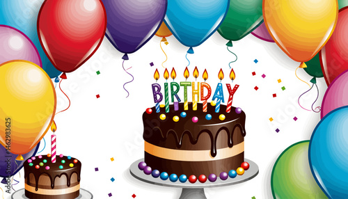 Colorful Birthday Celebration Image_Chocolate Cake with Candles and Balloons_Festive Party Decoration_Happy Birthday Card_Birthday Party Theme_Bright Balloons and Confetti