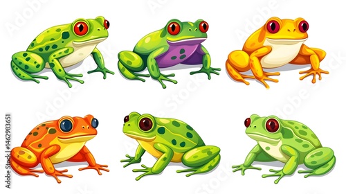 Vibrant Illustration of Six Different Colors of Frogs Displayed Together