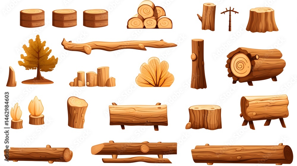 Professional Illustration of Diverse Wooden Objects on Clean White Background Professional Illustration of Diverse Wooden Objects on Clean White Background