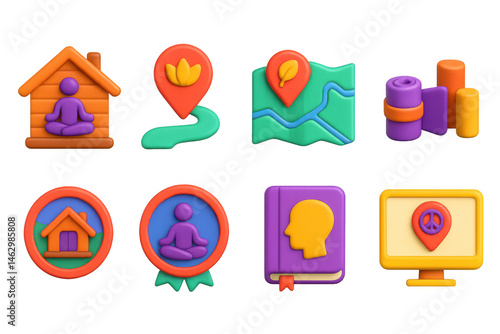 3D icon set of mindfulness retreats and travel: meditation retreat cabin, wellness journey icon, nature immersion map, yoga travel kit, mindful adventure badge, reflection travel journal, retreat