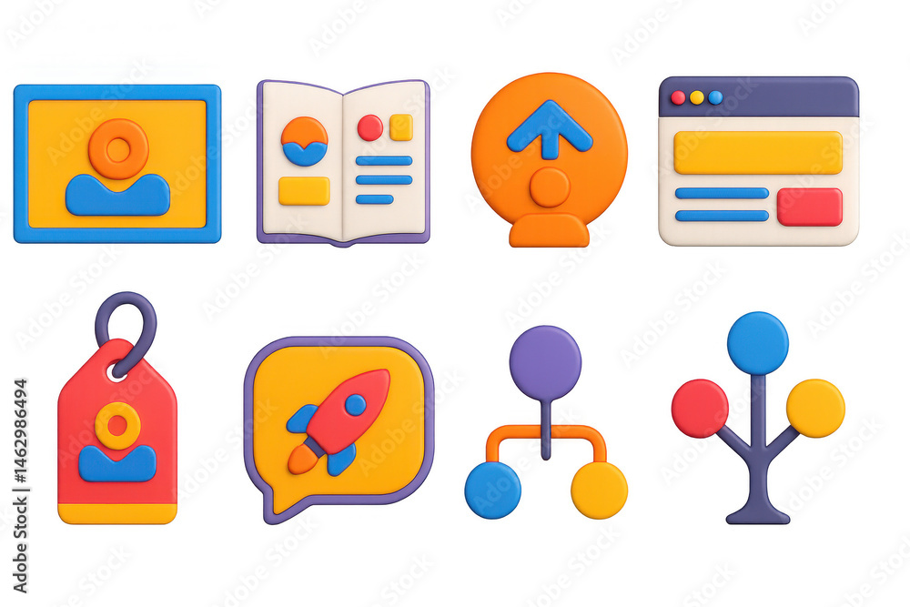 3D icon set of startup branding elements: brand logo board, visual identity guide, mission statement icon, startup website mockup, product mockup tag, brand voice card, launch slogan bubble, brand 3D icon set of startup branding elements: brand logo board, visual identity guide, mission statement icon, startup website mockup, product mockup tag, brand voice card, launch slogan bubble, brand