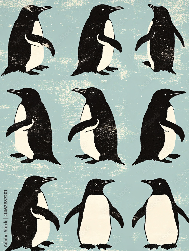 Obraz premium Penguin Bird Illustration Art Wildlife Nature Black White Pattern Graphic Cute Design Species Aquatic Cold Snow Playful Surface Vibrant Background Abstract Shapes Character Funny Motion Texture