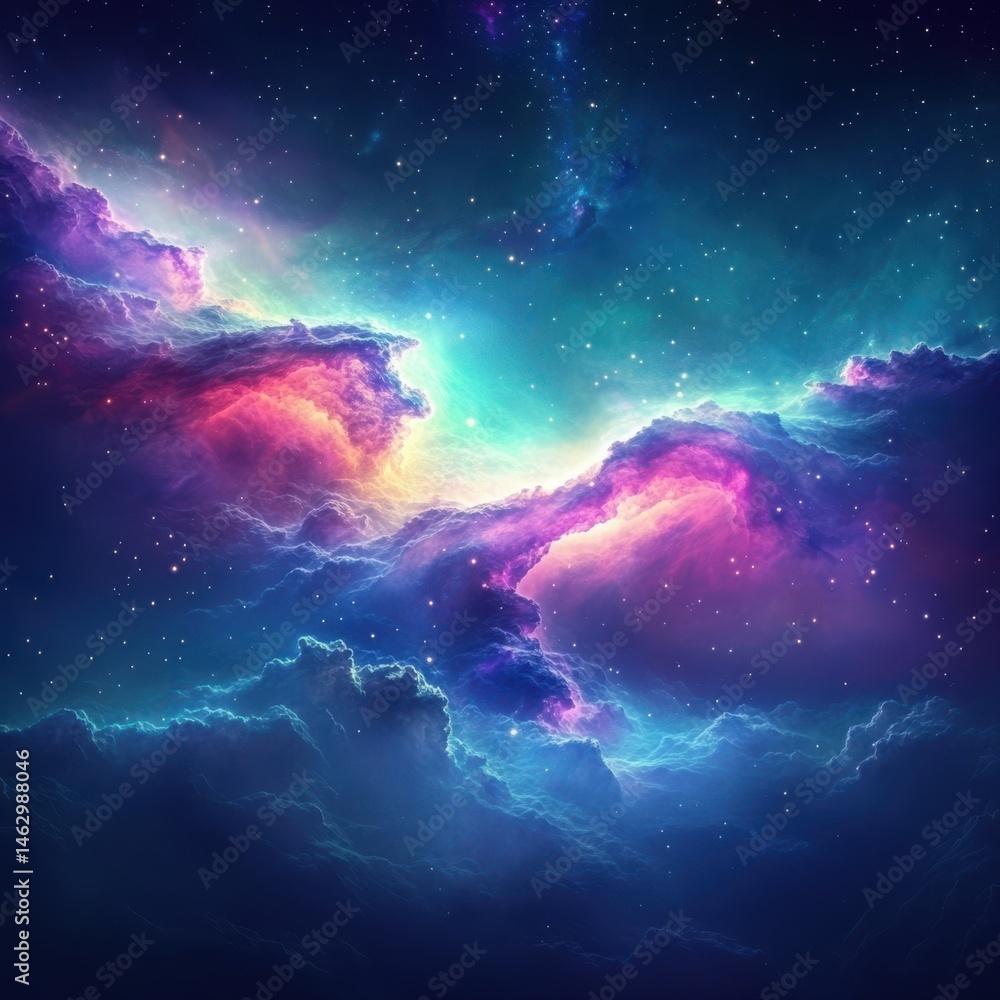 Vibrant nebula cloudscapes fill the vast cosmos, glowing with iridescent colours. Stars scattered across the deep space Vibrant nebula cloudscapes fill the vast cosmos, glowing with iridescent colours. Stars scattered across the deep space