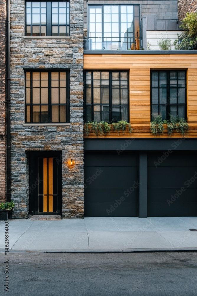 Obraz premium Modern urban house featuring a striking combination of stone and wood facade with large windows, inviting entrance, and sleek garage doors in a city setting