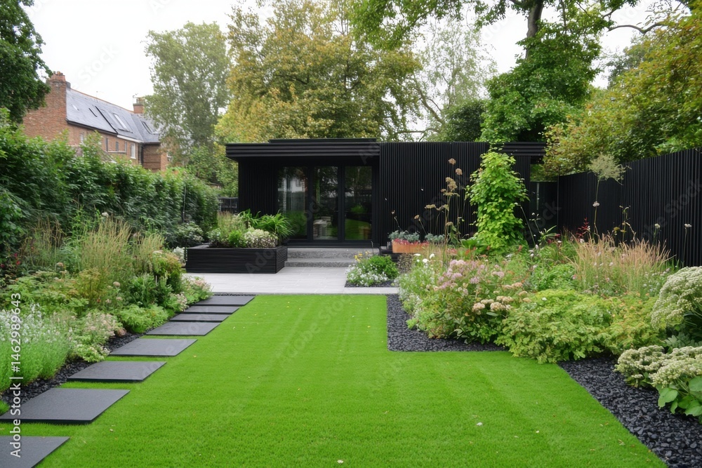 Modern architectural garden with lush greenery and sleek design, showcasing a stylish black house set in an inviting outdoor space Modern architectural garden with lush greenery and sleek design, showcasing a stylish black house set in an inviting outdoor space
