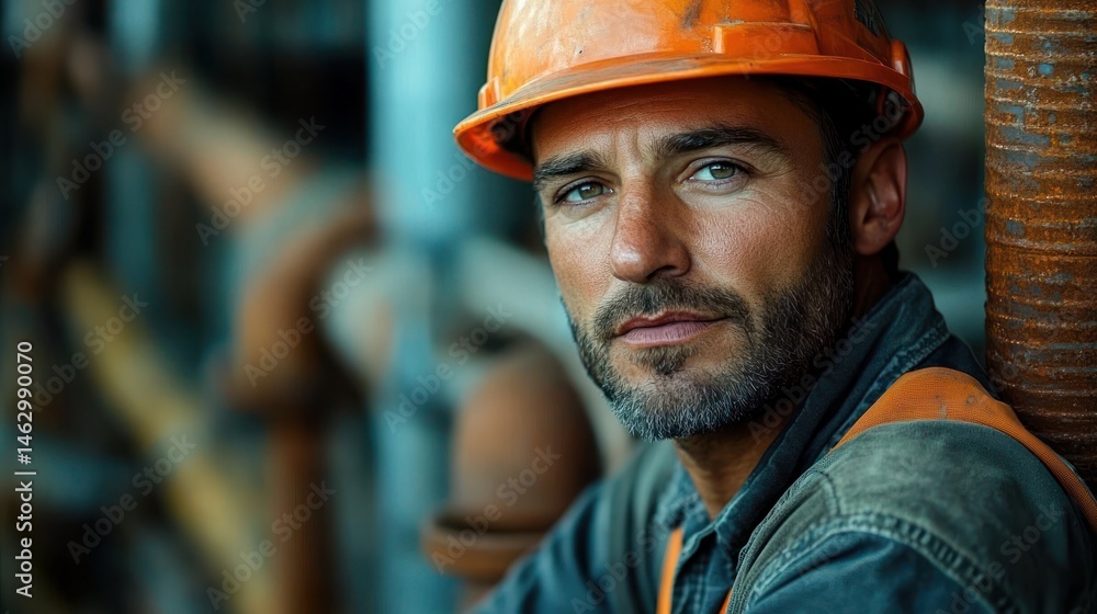 Confident male construction worker wearing an orange hard hat and workwear leaning against industrial pipes with a focused expression Confident male construction worker wearing an orange hard hat and workwear leaning against industrial pipes with a focused expression