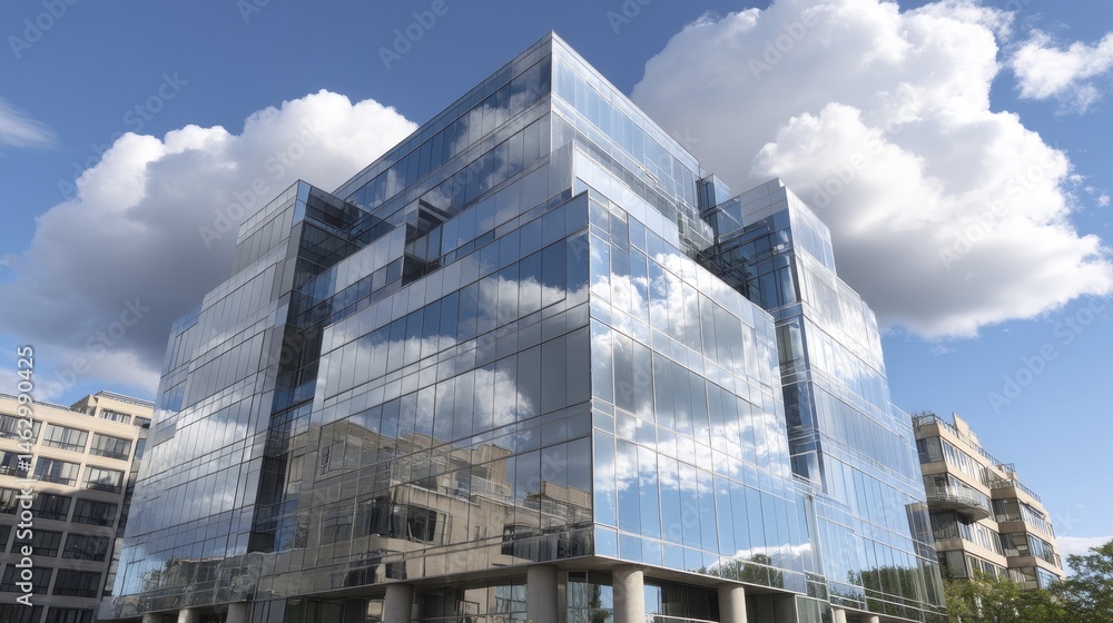 Fototapeta premium Modern office building, blue sky, cloud reflections in glass facade - seamless pattern design background texture