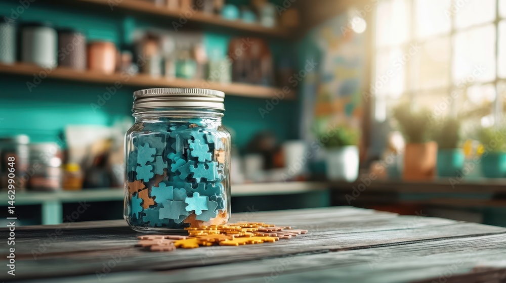 This enchanting image portrays a jar filled with vibrant puzzle pieces sitting on a rustic wooden table, evoking feelings of creativity, leisure, and the joy of assembling puzzles. This enchanting image portrays a jar filled with vibrant puzzle pieces sitting on a rustic wooden table, evoking feelings of creativity, leisure, and the joy of assembling puzzles.