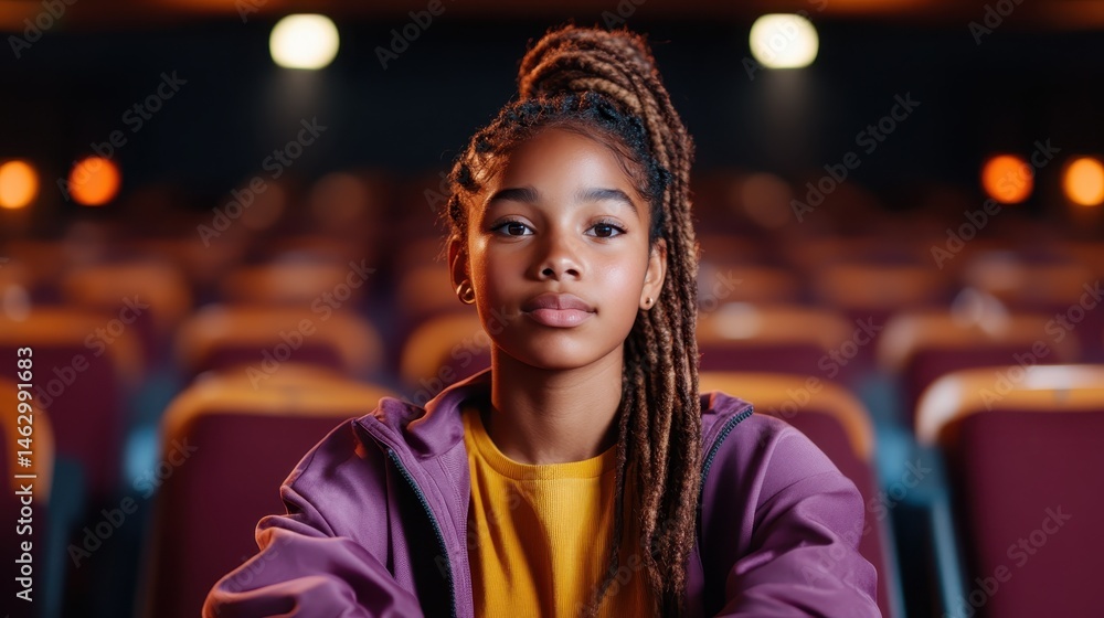 A thoughtful girl sits in an empty theater, gazing ahead with a serene expression, embodying anticipation and passion for the arts amidst a calming ambiance. A thoughtful girl sits in an empty theater, gazing ahead with a serene expression, embodying anticipation and passion for the arts amidst a calming ambiance.