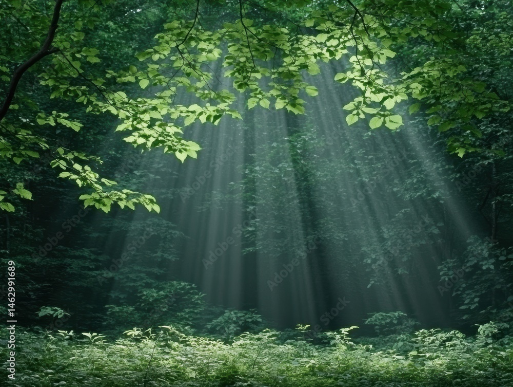 Obraz premium Sunlight streams through lush forest canopy