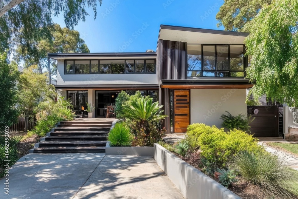 Fototapeta premium Modern architectural design of a spacious house surrounded by lush greenery on a sunny day in an upscale neighborhood in Australia