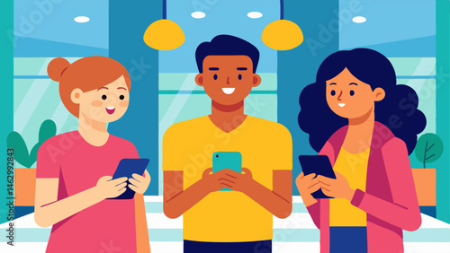 Group of Friends A diverse group of three friends standing together in a bright shopping mall each engrossed in their smartphones displaying various sale notifications.