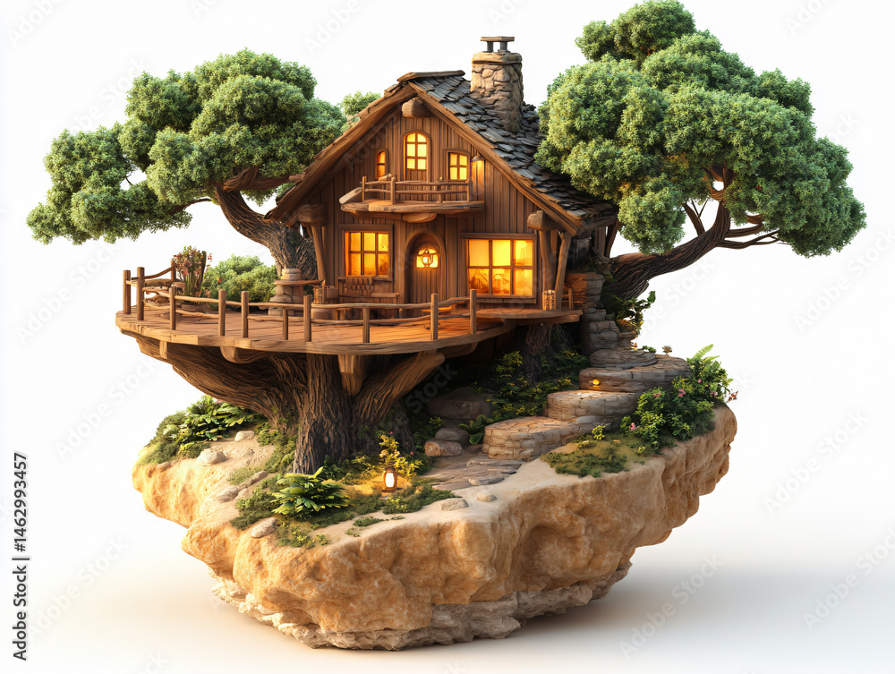 Fototapeta premium Fantasy Treehouse Architecture Nature Home Whimsical Fairy-Tale Design Unique Artistic Sculpture Miniature World Eco-Friendly Idyllic Green Glow Rustic Serene Evening Light Storybook Charm
