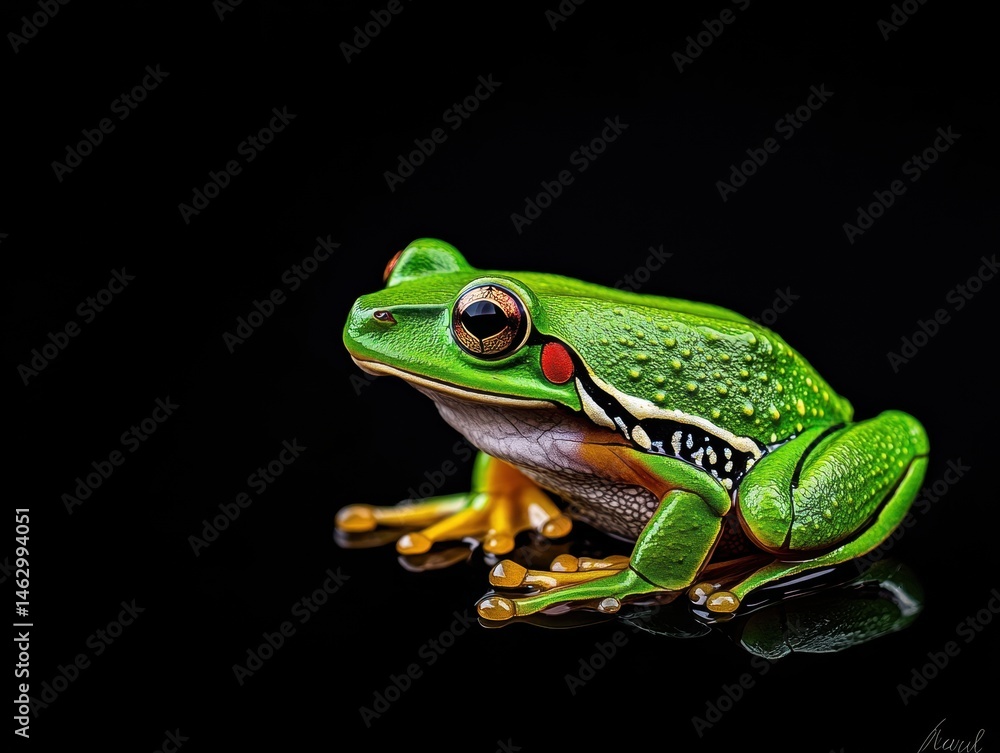 Obraz premium Vivid Green Frog on Black Background