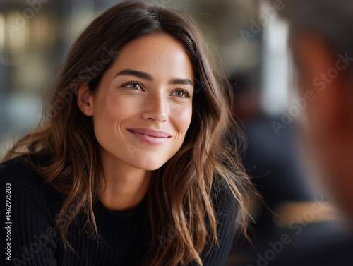 Obraz na płótnie Woman Smiling During Conversation at Café w salonie