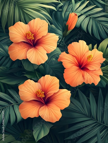 Wallpaper Mural An illustration with white base and soft Hawaiian flowers and palm leaves in pastel tones for a relaxed summer mood Torontodigital.ca