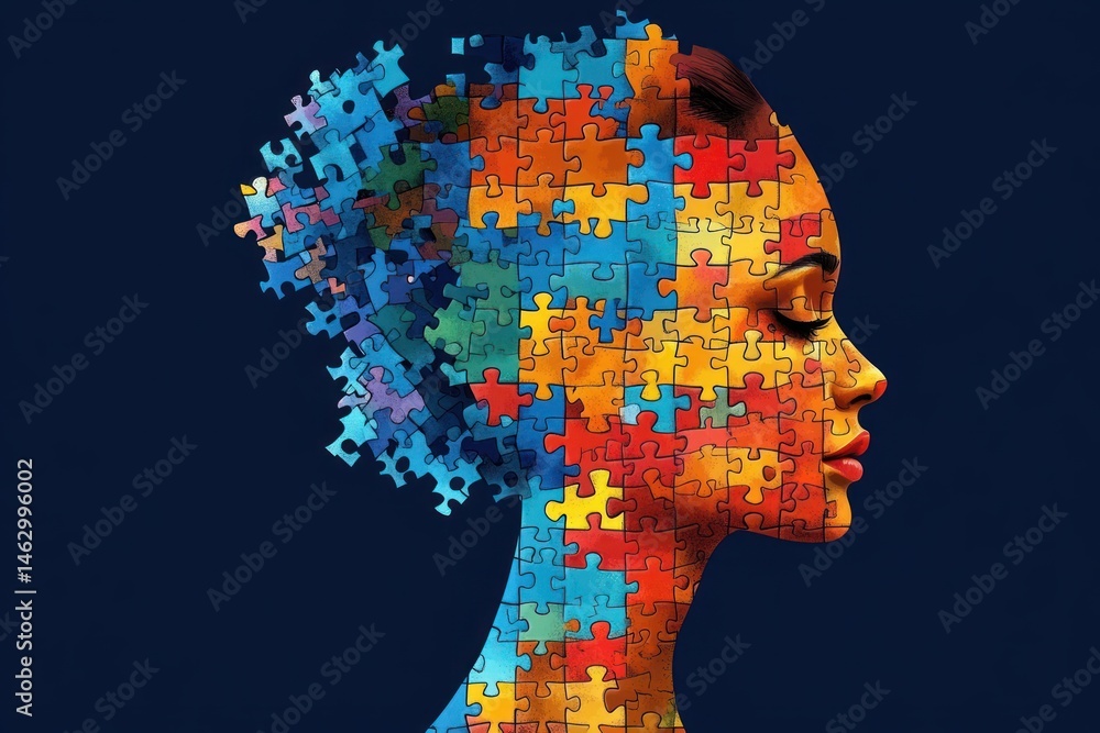 Profile of a woman's face composed of a colorful jigsaw puzzle with missing pieces extending backward creating a fragmented and artistic effect against a dark background Profile of a woman's face composed of a colorful jigsaw puzzle with missing pieces extending backward creating a fragmented and artistic effect against a dark background