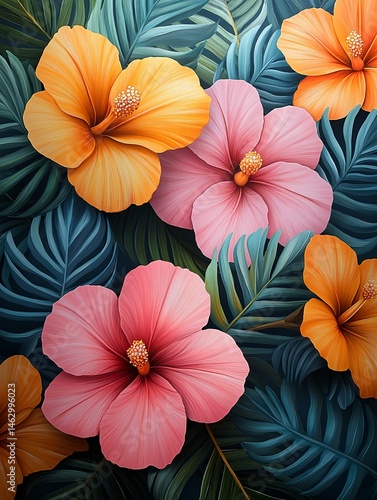 Wallpaper Mural An illustration with white base and soft Hawaiian flowers and palm leaves in pastel tones for a relaxed summer mood Torontodigital.ca