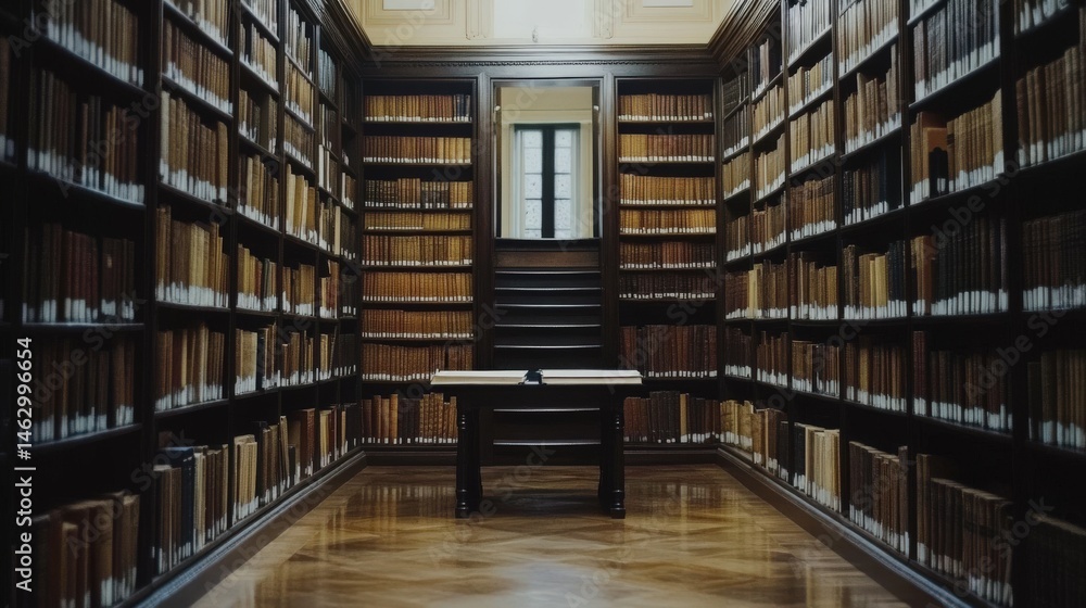 Spacious, dimly lit library filled with antique books. Spacious, dimly lit library filled with antique books.