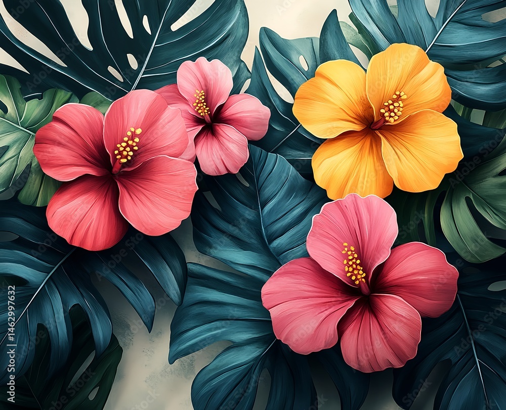 custom made wallpaper toronto digitalAn illustration with white base and soft Hawaiian flowers and palm leaves in pastel tones for a relaxed summer mood